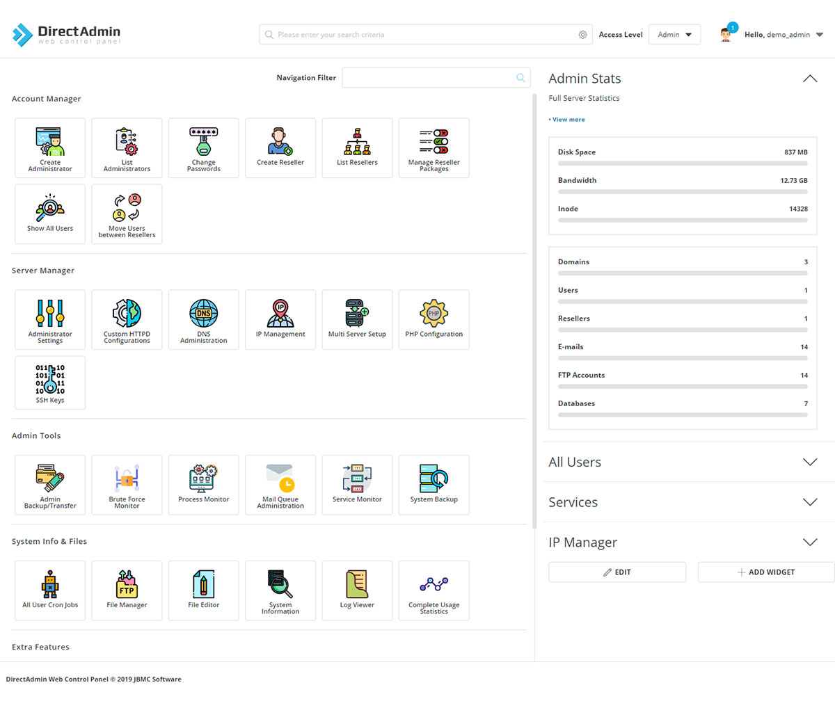 DirectAdmin Evolution Skin - Grid layout