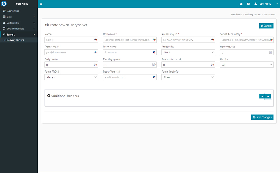 configuration page for creation of delivery servers