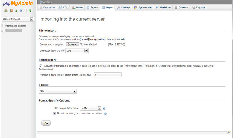 importing databases using phpmyadmin