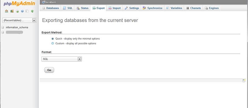 exporting databases using phpmyadmin